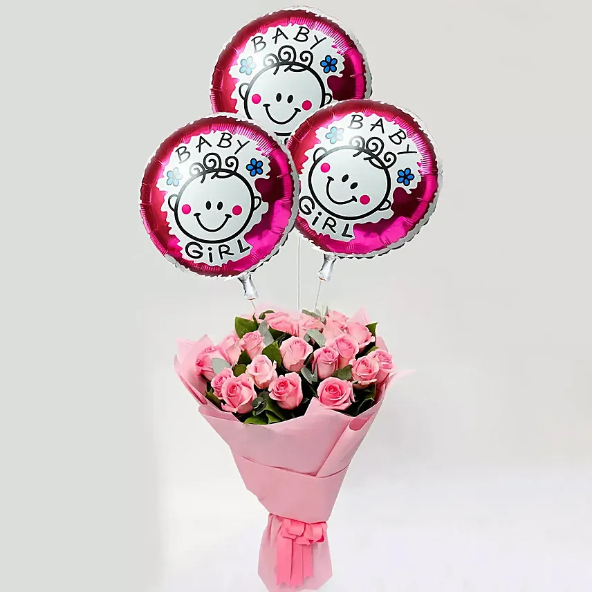 Pink Roses Bouquet with Balloons: Pink Rose Bouquets