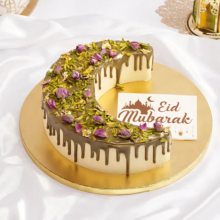 Pistachio Saffron Crescent Moon Cake For Eid: Eid Mubarak Cake
