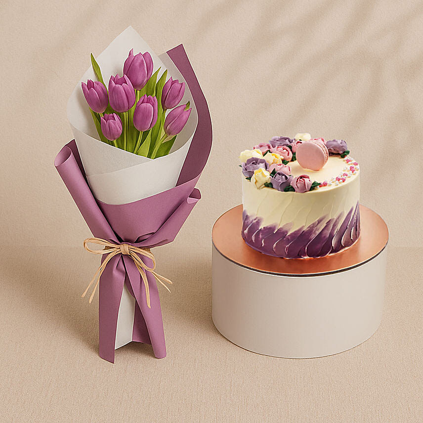 Purple Tulip Bouquet With Macaron Chocolate Delight: Anniversary Flowers
