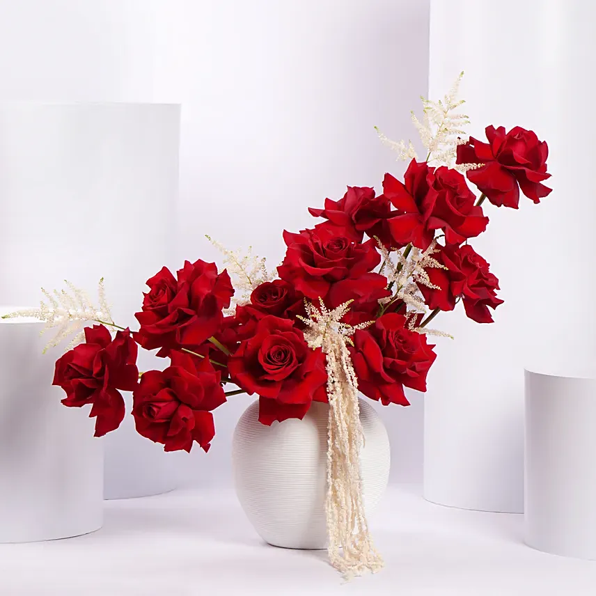 Red Rose Flower Arrangement in White Ceramic Vase: Miss You Flowers 