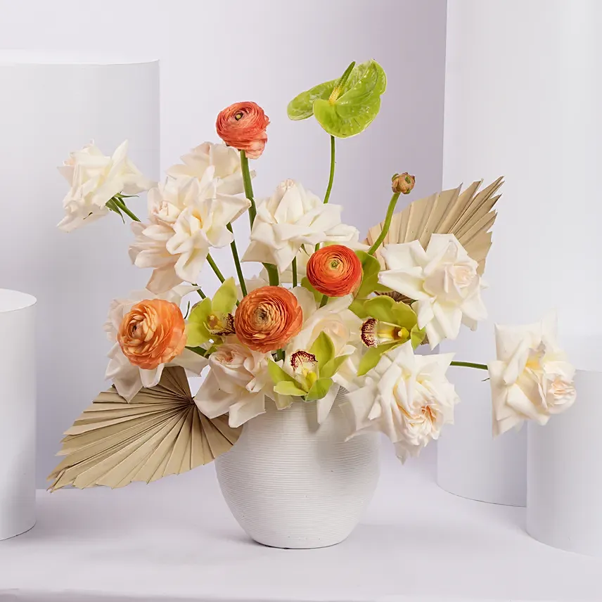Sunset Serenity White and Orange Flower Arrangement in Vase: Premium Flowers