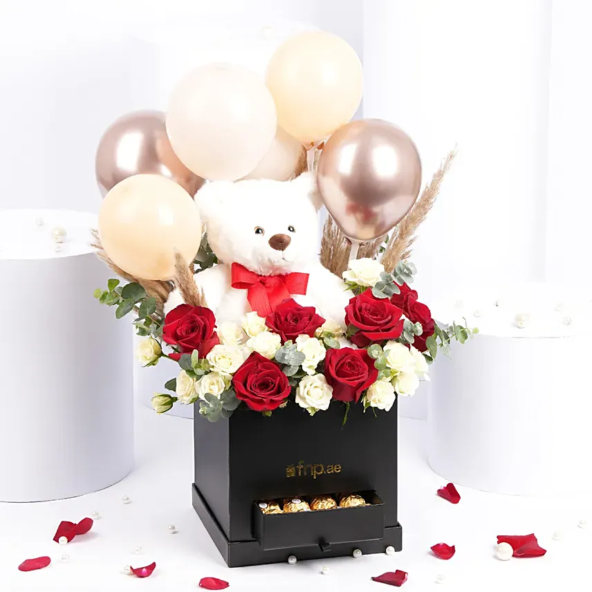 Teddy Balloon and Flower Box with Chocolates: Flowers and Teddy Bears 