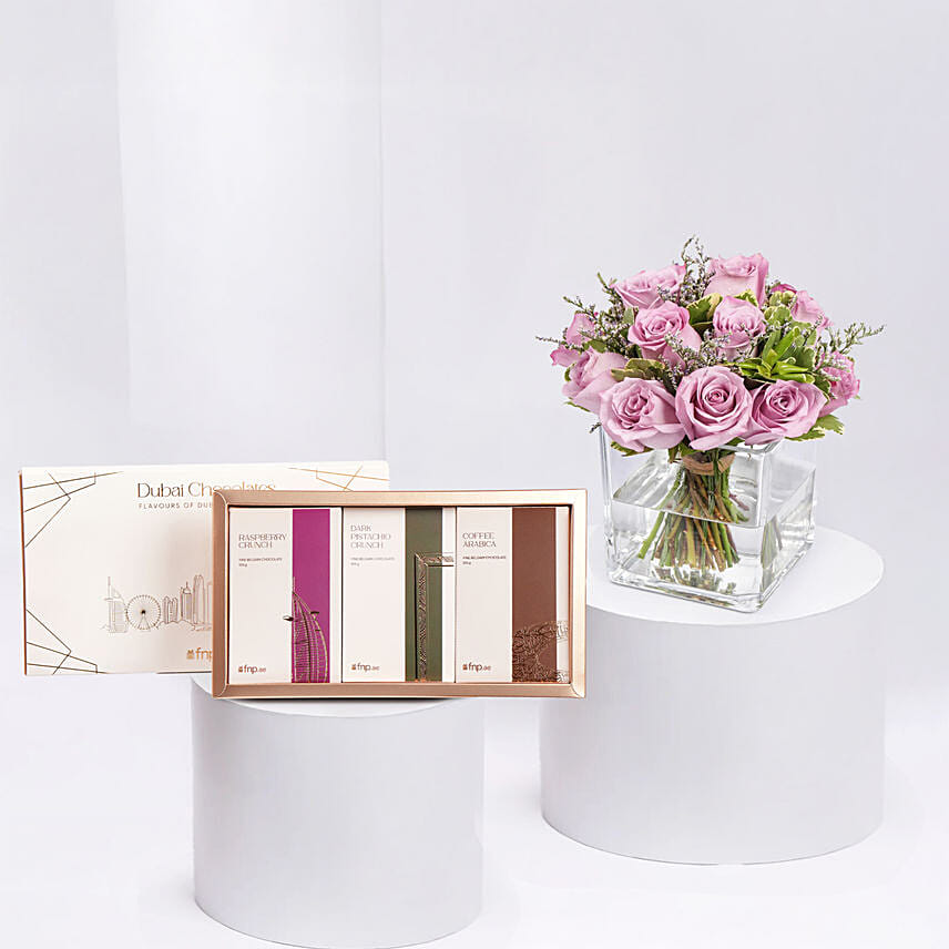 Vase Of Royal Purple Roses With Dubai Chocolates: Dubai Chocolate