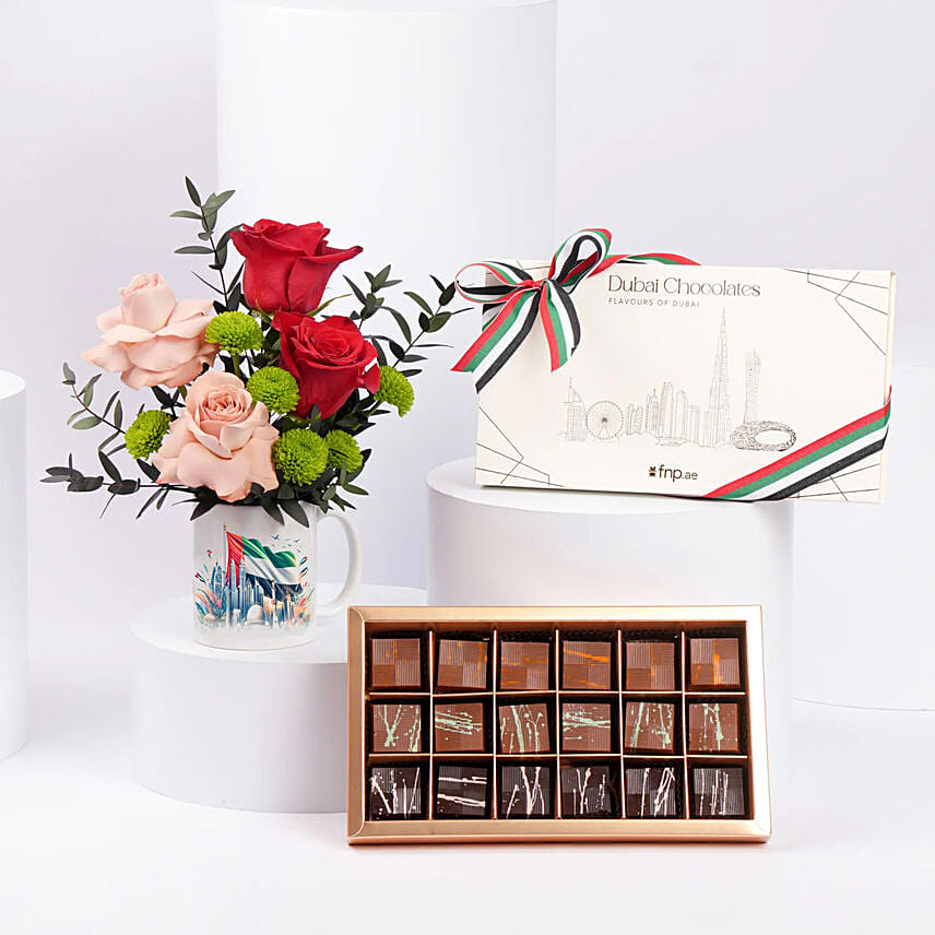 Emirati Womens Day Rose Mug Arrangement And Dubai Chocolate: 