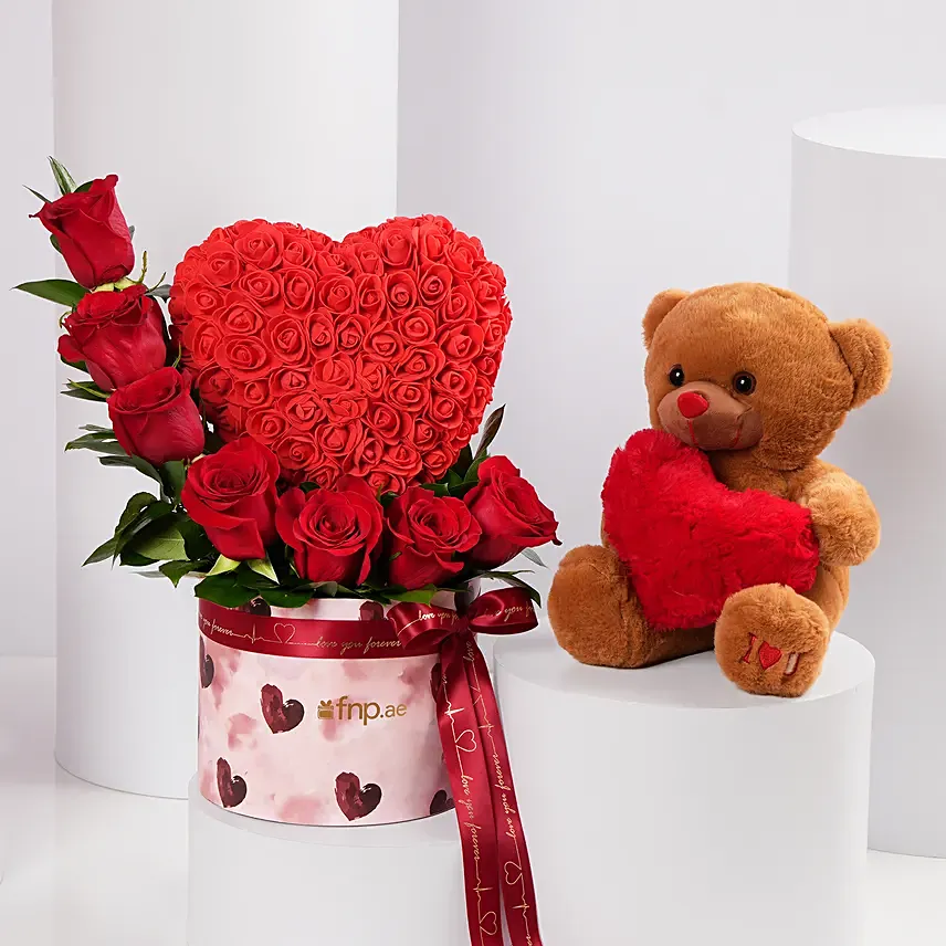 Valentines Heart Roses With Teddy: Propose Day Gifts