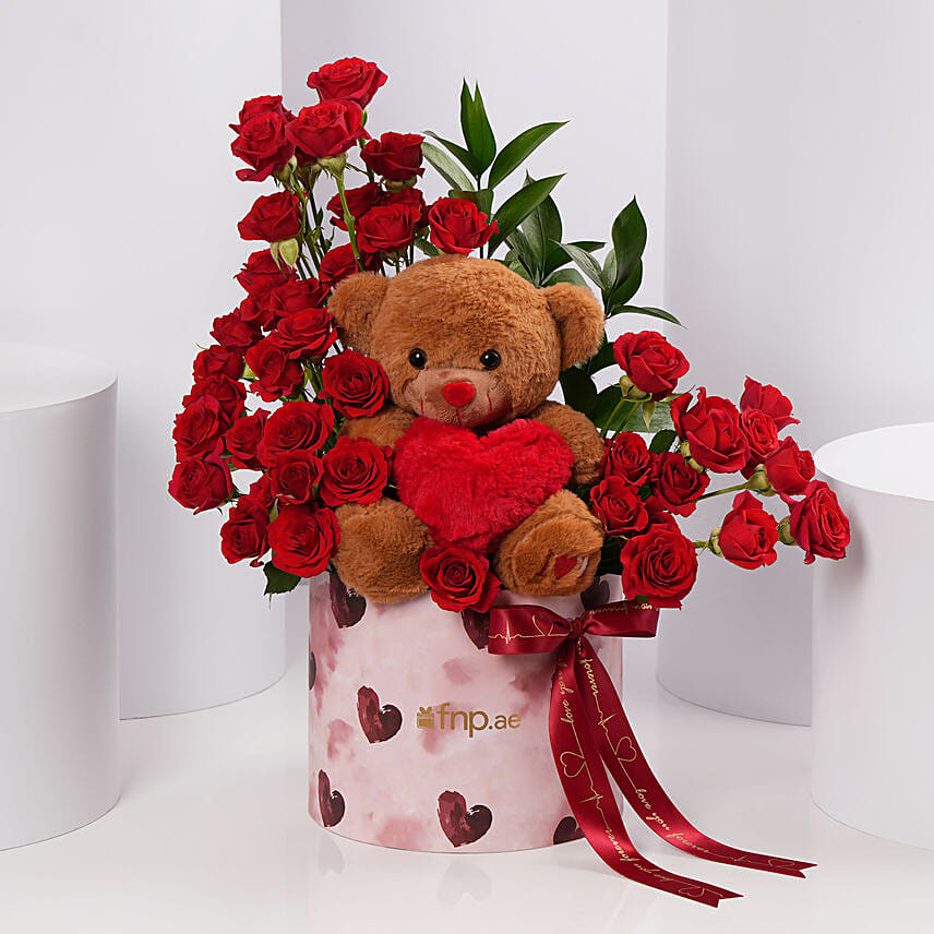 Valentines Red Rose Floral Box with Teddy Bear: Valentine's Day Gifts