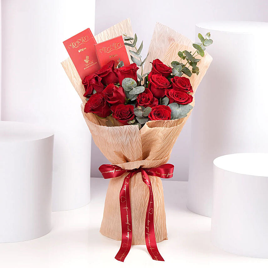 12 Red Roses Valentine Bouquet With Chocolate Bars: Flowers and Chocolates for Rose Day