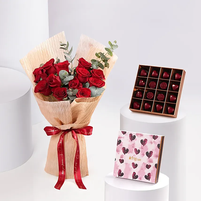 12 Red Roses Valentine Bouquet With Chocolate: Rose Day Flowers & Chocolates
