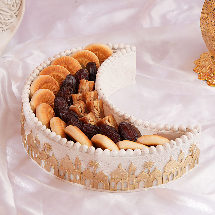 Crescent Dates And Dry Fruits Platter: Arabic Sweets