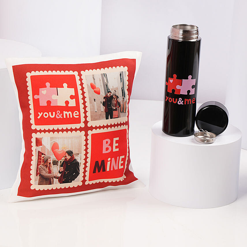Romantic Valentine Cushion and Travel Flask Set: Personalised Valentines Day Gifts   