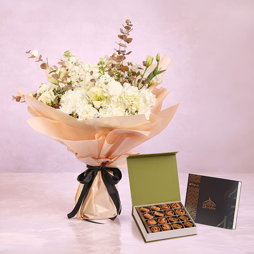 Eid Floral Arrangement With Baklawa Box: 