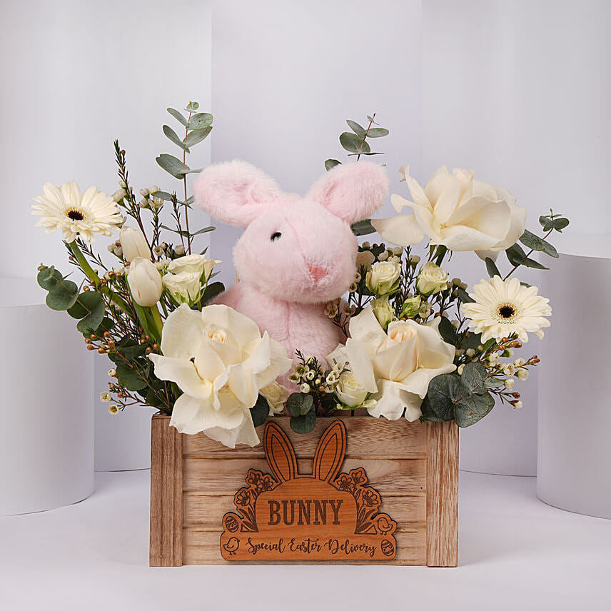 Bunny Floral Wooden Basket: Easter Flowers 