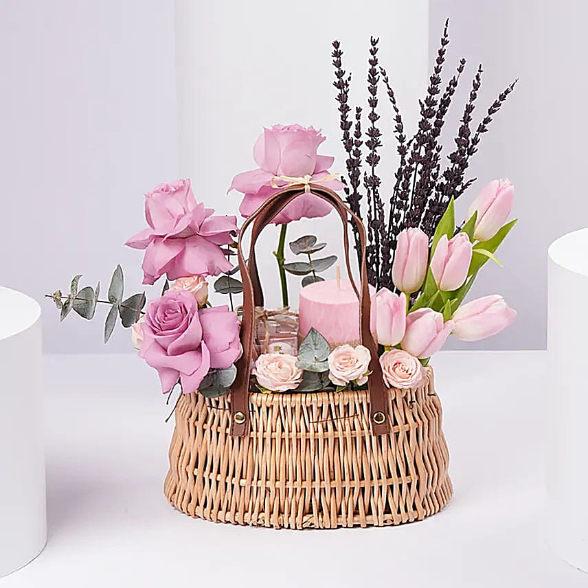 Elegant Pink Tulips And Purple Roses Basket Arrangement: Women's Day Flowers