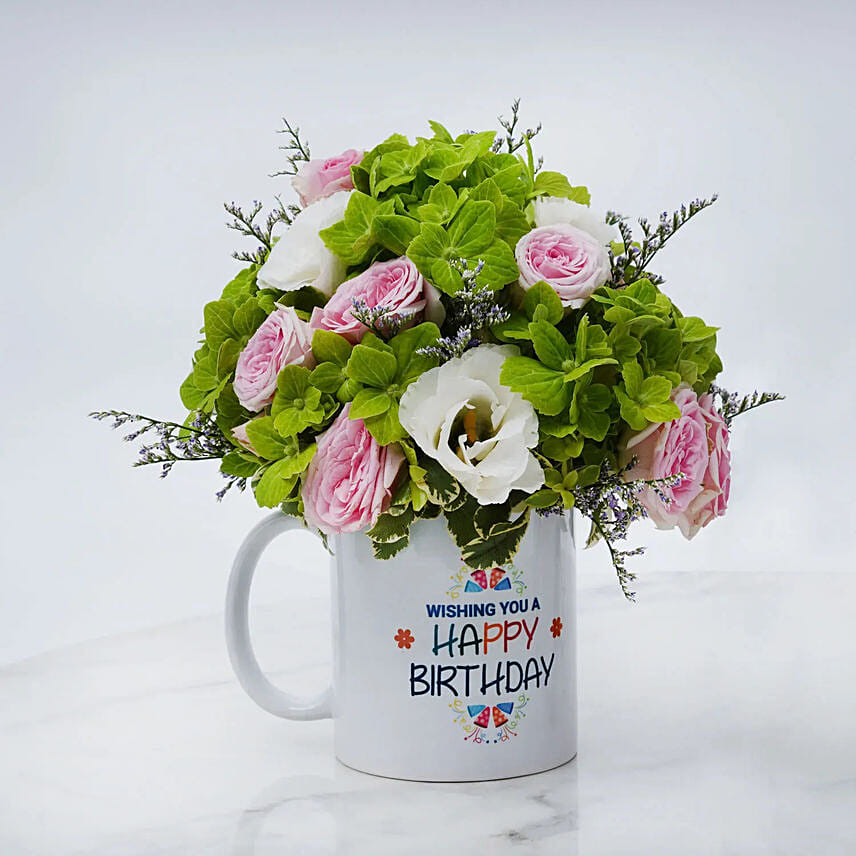 Birthday Wishes Floral Mug Arrangement: Birthday Flower Arrangements