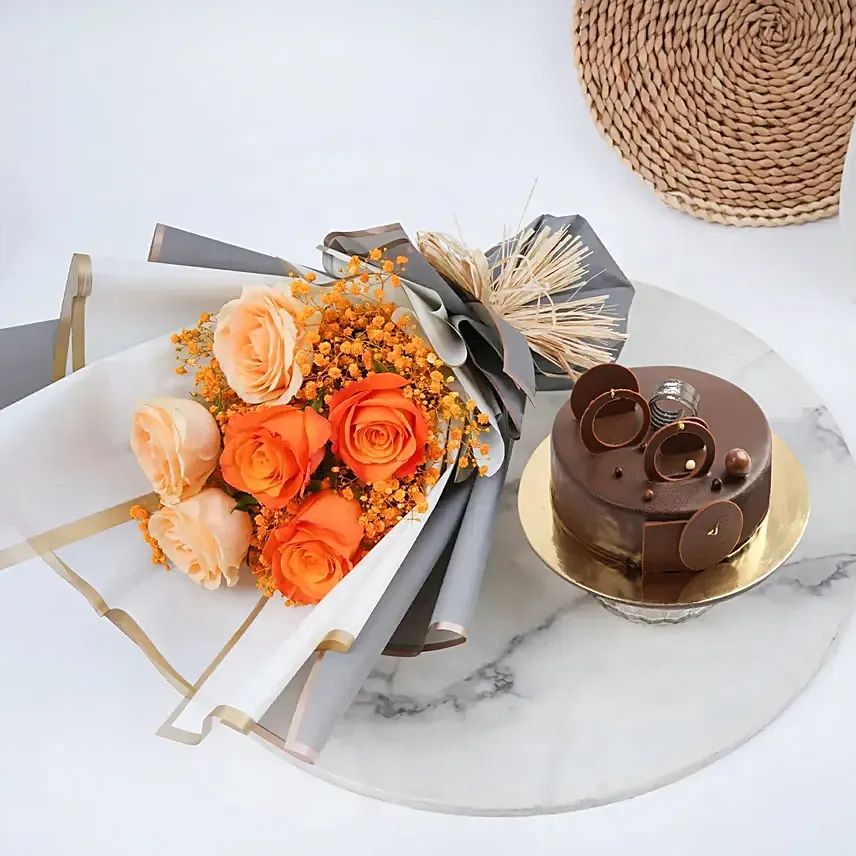 Chocolate Fudge cake and Roses Bundle: Anniversary Flowers & Cakes