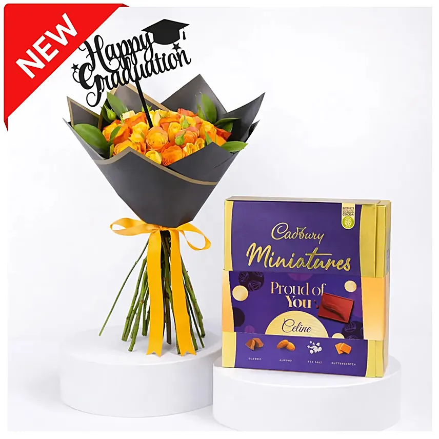 Colorful Roses Bouquet Graduation Day With Cadbury Chocolates 400g: Customized Chocolate Box