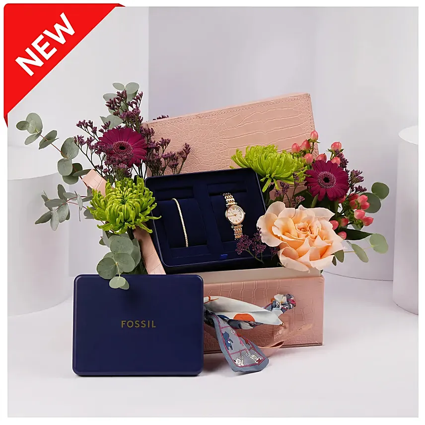 Fossil Watch And Bracelet Gift Bakset for Her