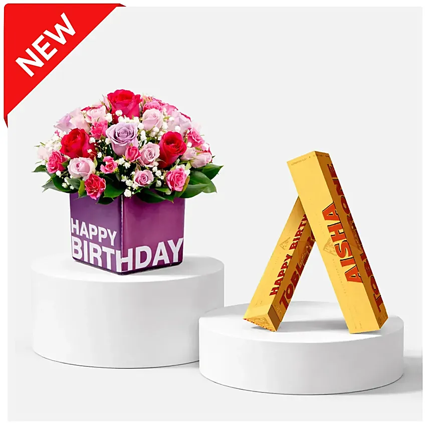 Mixed Flowers In Birthday Square Glass Vase With Toblerone Chocolates: Birthday Flowers & Chocolates