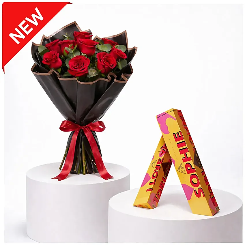 Romantic 9 Red Roses Classic Bouquet With Toblerone Chocolates: Customized Chocolate Box
