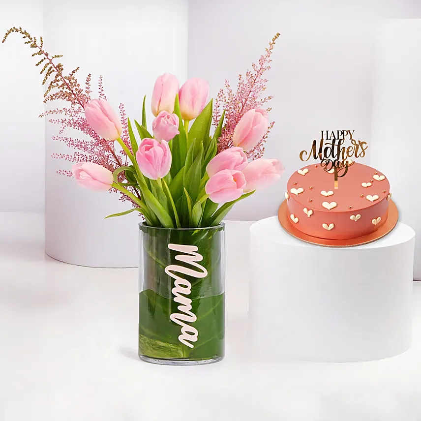 Mama Flower Arrangement And Chocolate Cake Combo: Mothers Day Cakes