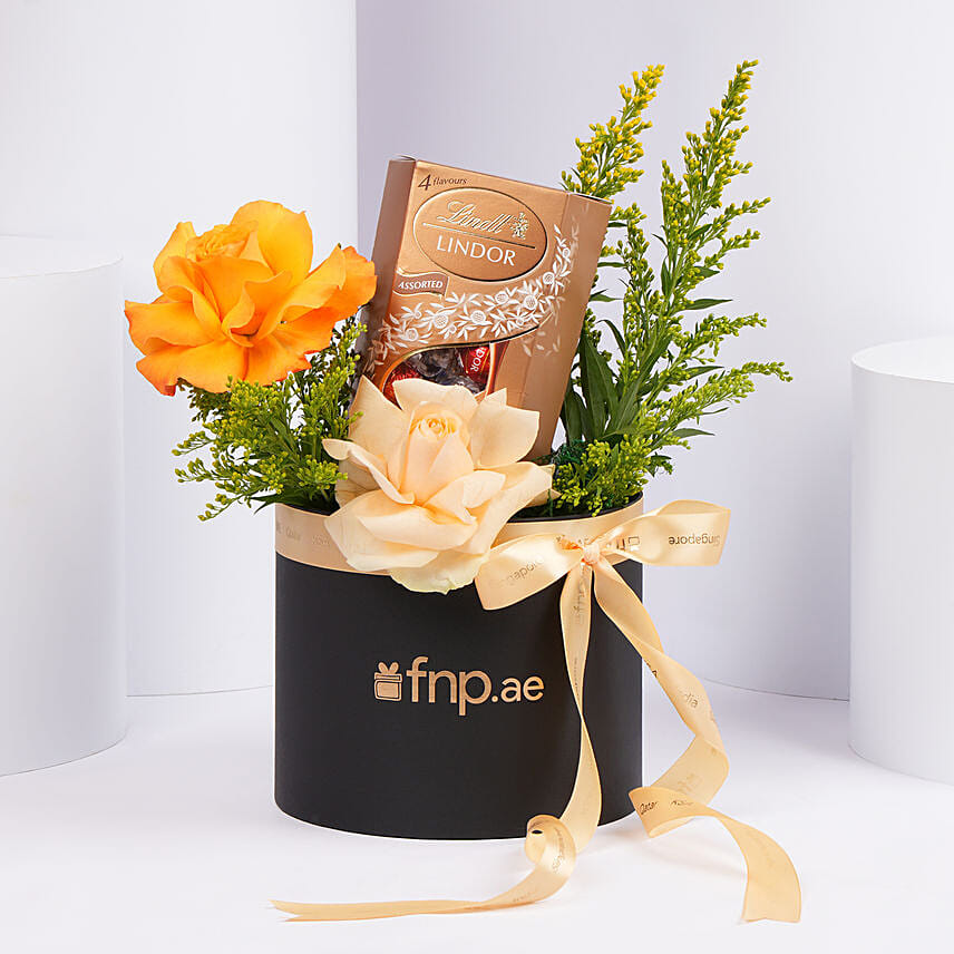 Premium Floral Arrangement with Lindt Chocolates: Orange Rose Bouquets