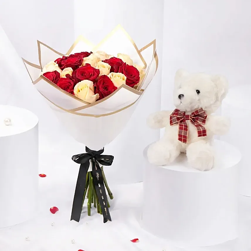 ElegantDuo Of Roses Bouquet With Teddy Bear: Dubai Chocolate