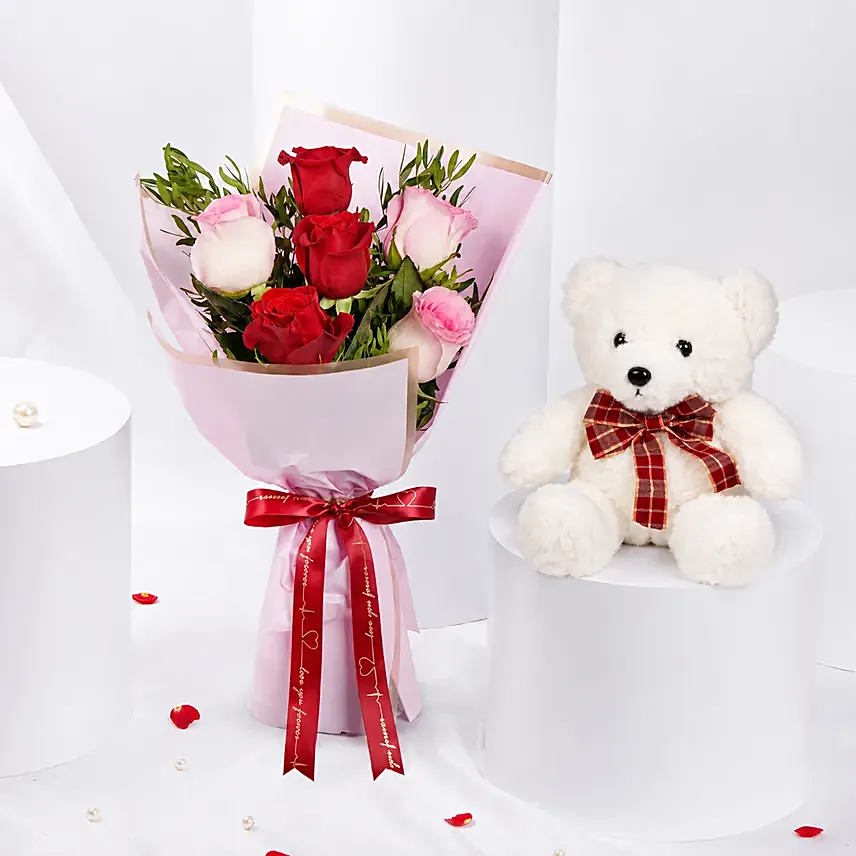 Pink and Red Roses Beauty Bouquet With Teddy Bear For Valentines: Flowers and Teddy Bears 