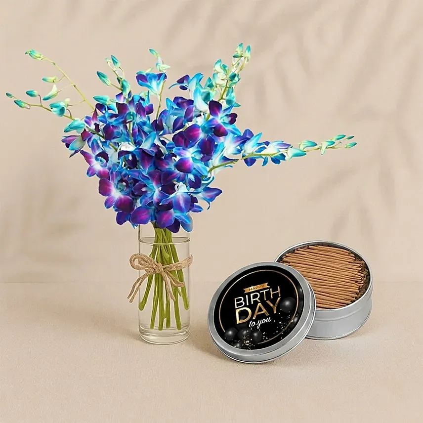 Blue Orchids Bouquet With Tin Cake: 