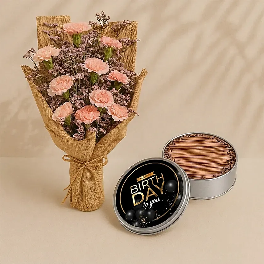 Charming Pink Carnations With Happy Birthday Cake In Tin Box: Birthday Combos