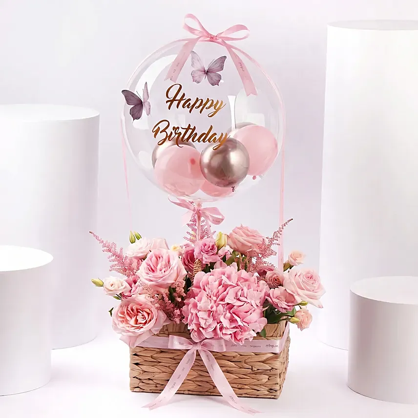 Pink Birthday Flower Basket With Balloon: Birthday Combos