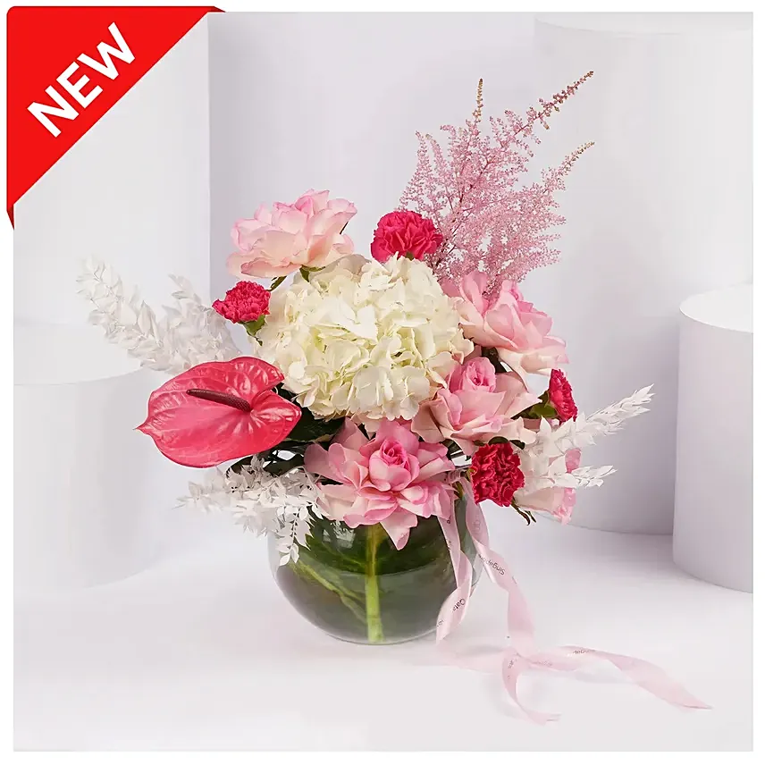 Blushing Blossom Arrangement in Glass Vase
