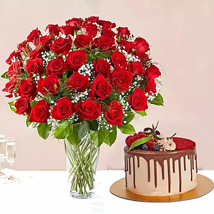1 Kg Chocolaty Red Velvet Cake With 50 Roses Arrangement: Red Flowers Bouquets