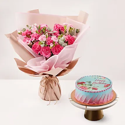 Birthday Wish Carnation Bouquet And Cake: Pink Flower Bouquets