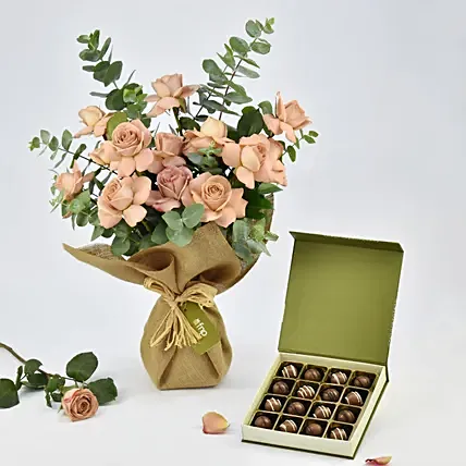 Cappuccino Roses Bouquet and Premium Chocolate Box: Happy Anniversary Chocolates