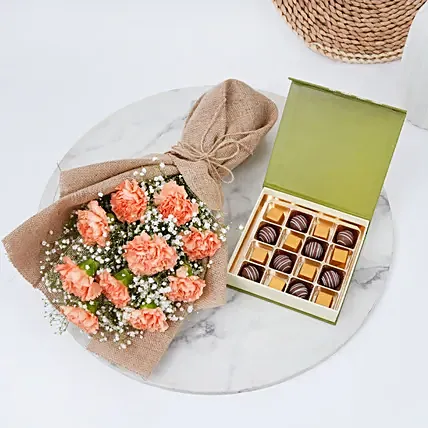 Carnations Bouquet with Mix Chocolates Box: Flowers
