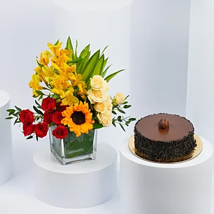 Delightful Birthday Chocolate Cake and Flowers: Anniversary Flowers & Cakes