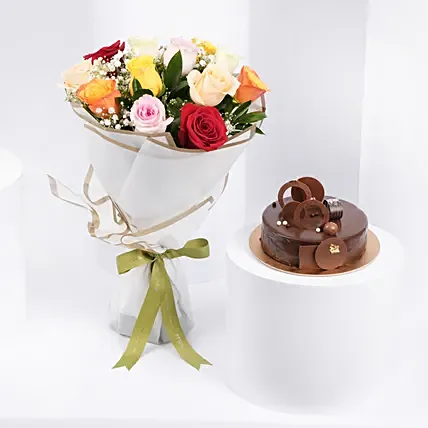 Dozen Multi Roses with Fudge Cake: Gifts for Employees