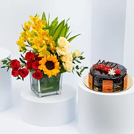 Eggless Chocolate Truffle Cake and Flowers Combo: Anniversary Flowers and Cakes