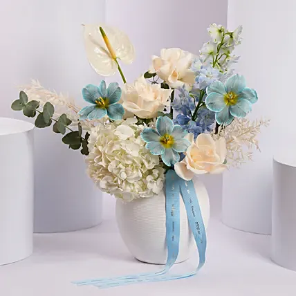 Elegant Blue and White Flower Arrangement in Ceramic Vase: I Miss You Flowers