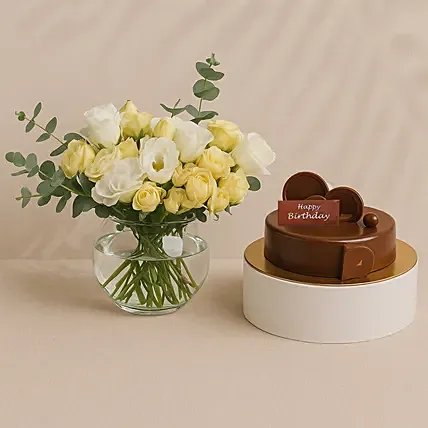 Elegant Rose And Lisianthus Bloom Bowl With Decadent Fudge Cake: Birthday Combos