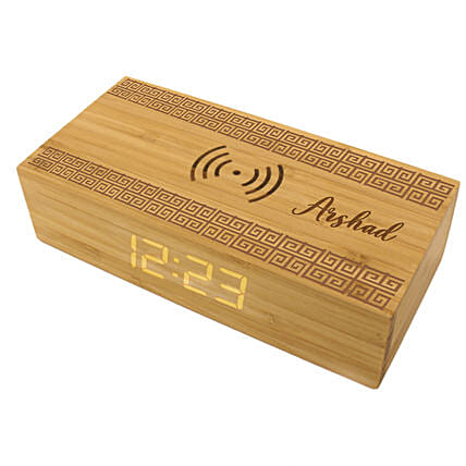 Engraved Text Bamboo Wireless Charger with Clock: 