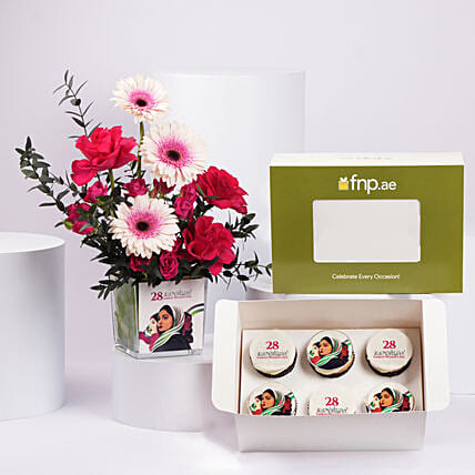 Luxury Emirati Womens Day Flower Arrangement With Cupcake: Chocolate Combos