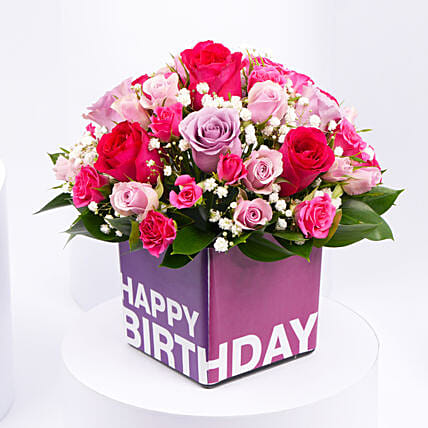 Mixed Flowers In Square Glass Vase: Flower Arrangements