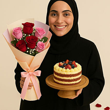 Pink and Red Roses with Red Velvet Cake: Anniversary Flowers and Cakes