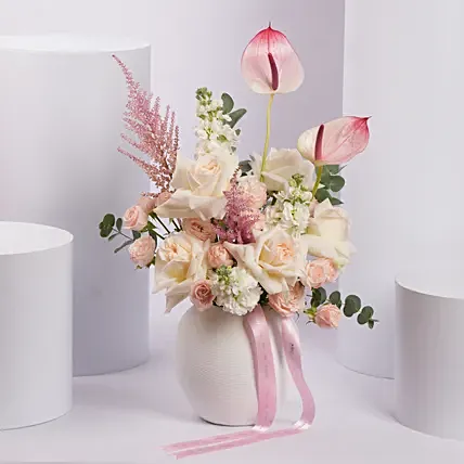 Pink and White Flower Arrangement in White Ceramic Vase: Premium Flowers