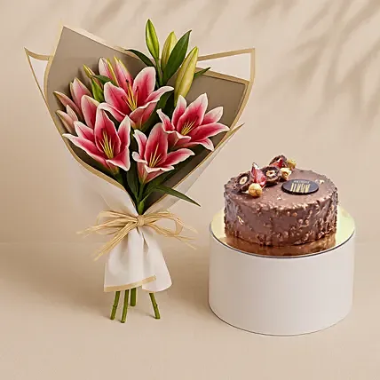 Pink Lilies Elegance Bouquet With Rocher Cake: Wedding Anniversary Flowers
