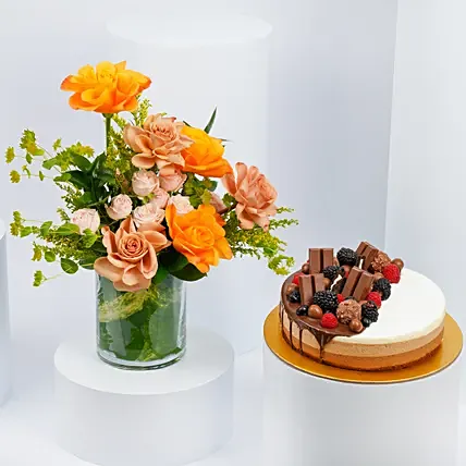 Roses Arrangement with Chocolate Feast Cake: Anniversary Flowers and Cakes