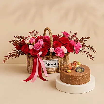 Elegant Roses Basket and Birthday Rocher Cake Combo: Anniversary Gifts