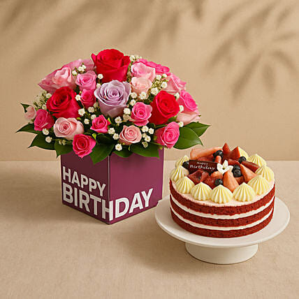 Mixed Flowers With Red Velvet Cake For Birthday