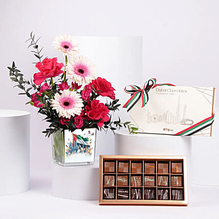 Luxury Emirati Womens Day Flower Arrangement And Dubai Chocolate: Flowers and Chocolates